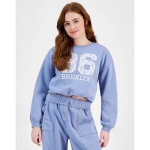 Planet Heart Graphic Crop Sweatshirt Medium Lace Blue Bubble Hem Crewneck Top